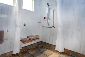 Access Studio Wet Room Shower Level entry wet room shower with hand rails, bench seat and shower curtains in the Access Studio
