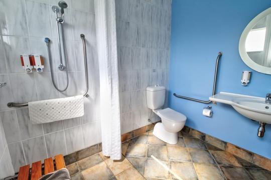 Access bathroom Accessible bathroom with level entry shower, grab rails, toilet and basin